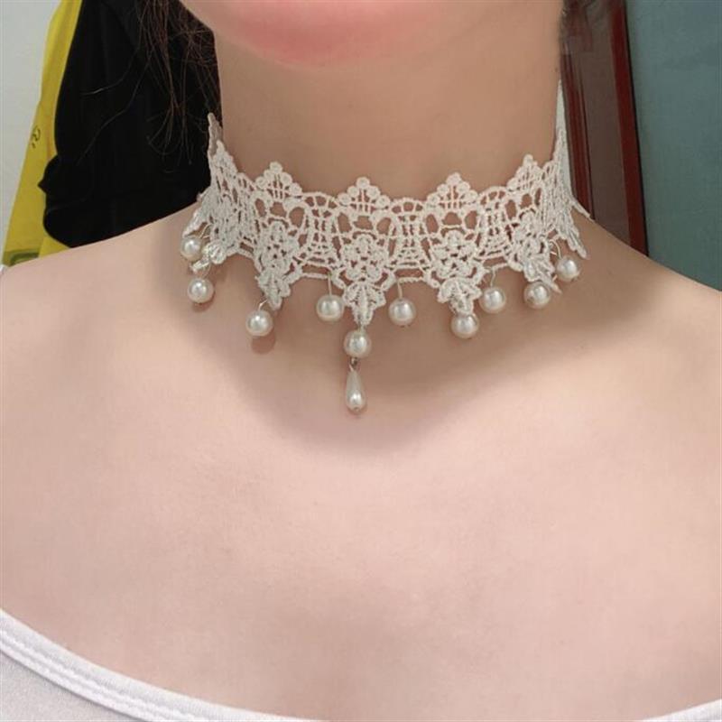 Retro super fairy white lace pearl pendant collar choker sweet and gentle short neck strap clavicle chain