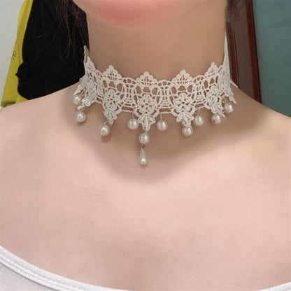 Retro super fairy white lace pearl pendant collar choker sweet and gentle short neck strap clavicle chain