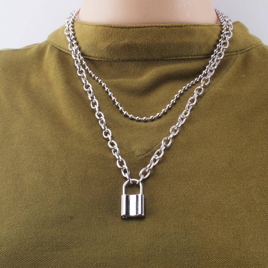 INS retro cold lock with key multi-layer necklace bead chain trendy hip-hop collarbone necklace