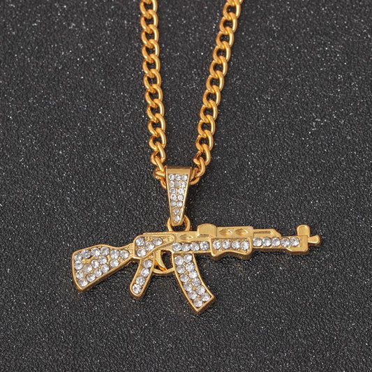 Fashion diamond-studded long gun necklace creative hip-hop submachine gun pendant jewelry