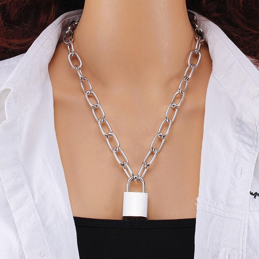 Jewelry Hip Hop Thick Chain Lock Necklace Couple Simple Key Lock Long Necklace