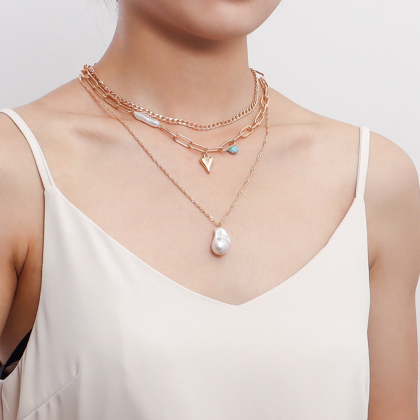 Jewelry trendy multi-layer special-shaped imitation pearl love pendant necklace female ins explosion