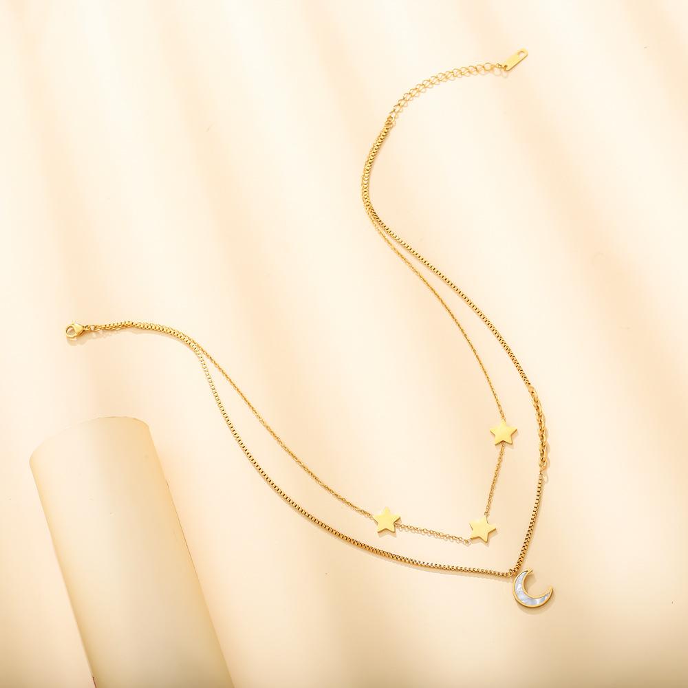 Fashion Creative Stainless Steel Star Moon Sexy Elegant Pendant Titanium Steel Double Layer Necklace Versatile Ornate Jewelry Women