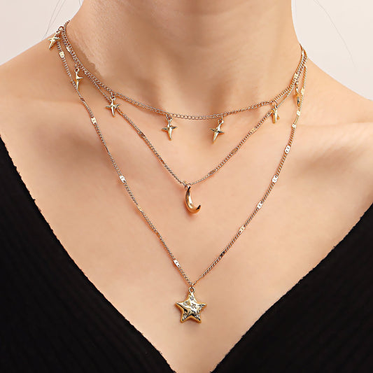 Jewelry retro fashion multi-layer five-pointed star pendant necklace exquisite crescent sweater chain versatile accessories