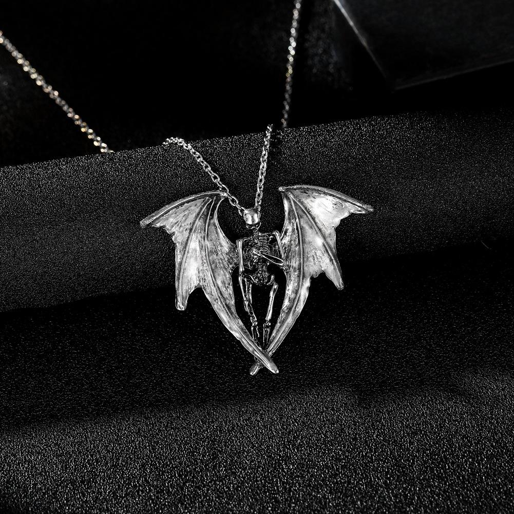Halloween Necklace Creative Bat Wings Luminous Feather Hip Hop Skull Pendant