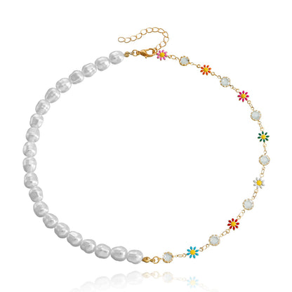 Jewelry ins splicing imitation pearl painted drip glaze flower pendant female niche high-end necklace light luxury