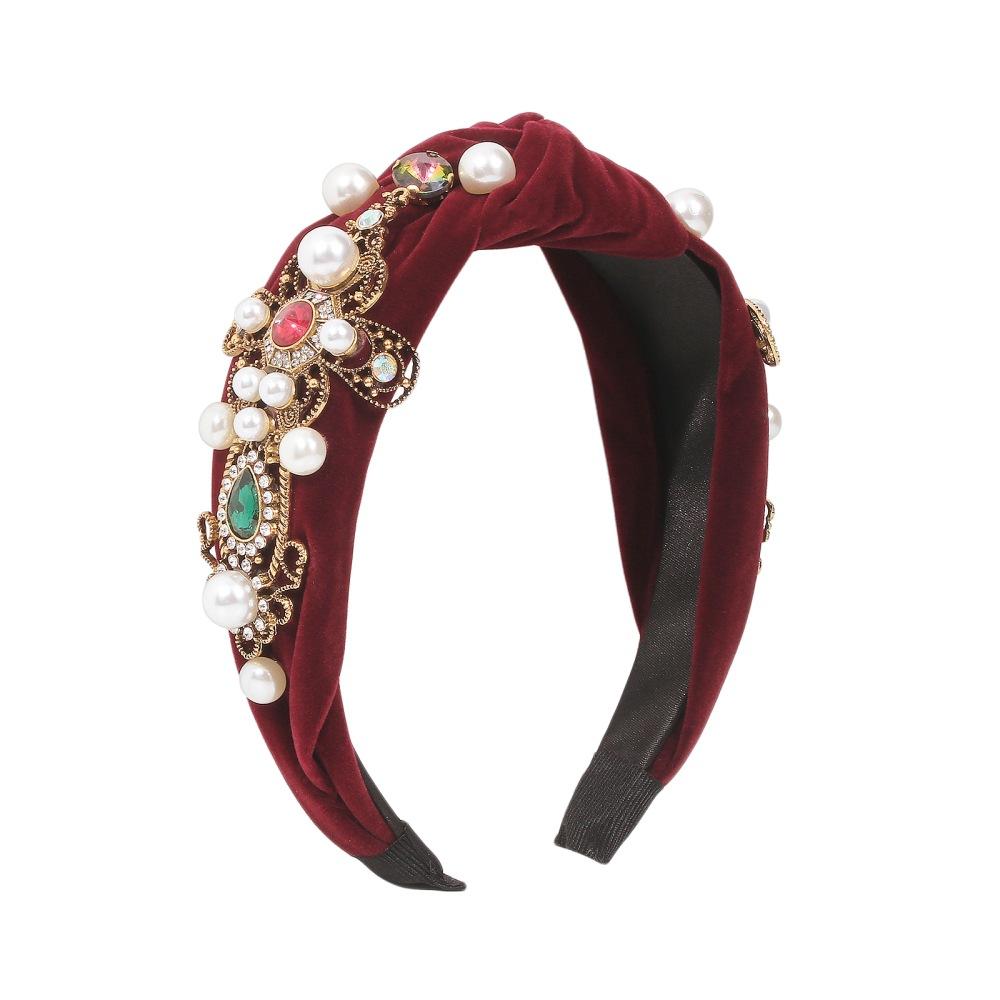 F357 wide-brimmed headband women's golden velvet knotted light luxury headband retro creative pearl hair accessories