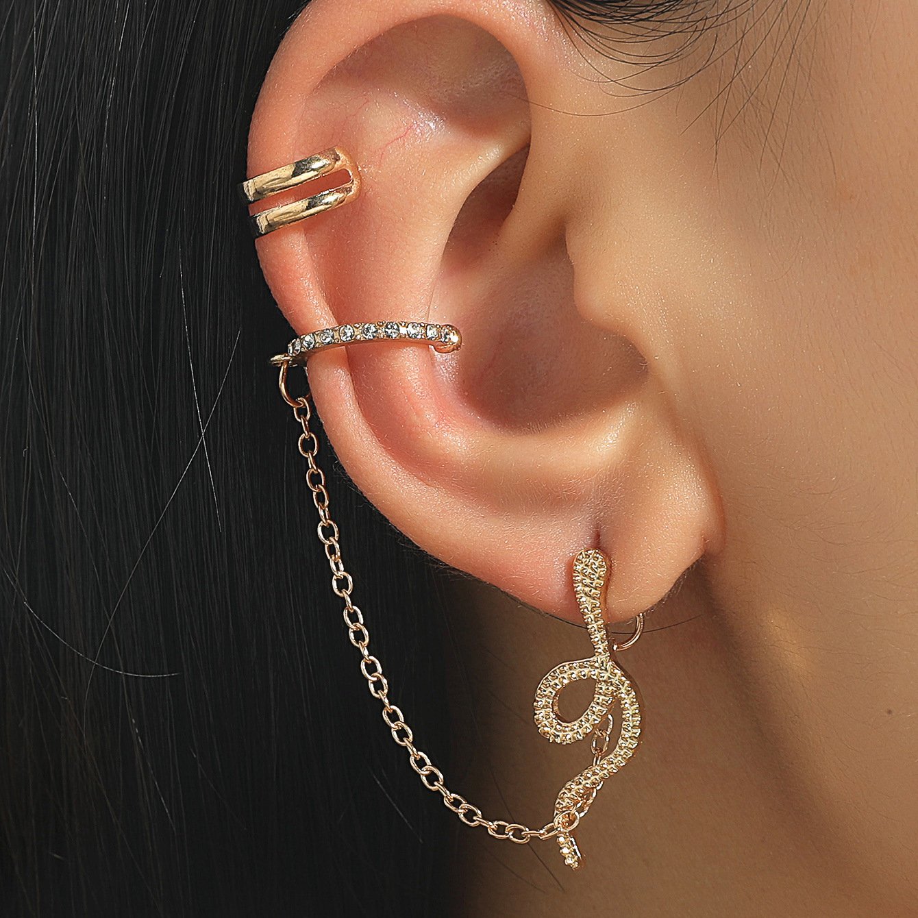 Ins cold and hole-free earrings set retro zircon snake-shaped chain ear clip net red full of diamond animal earrings female