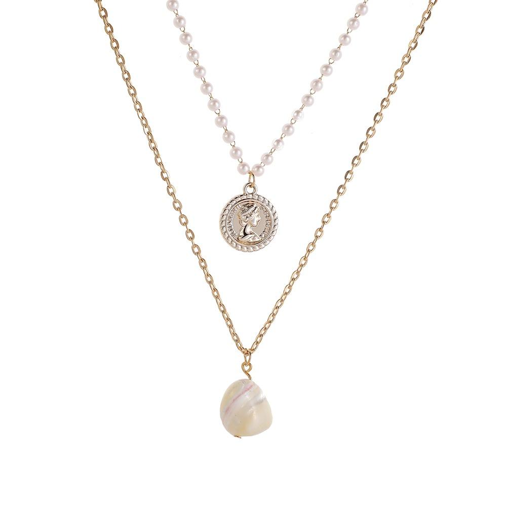 Ins temperament freshwater special-shaped pearl pendant personality portrait embossed coin fashion double layer necklace