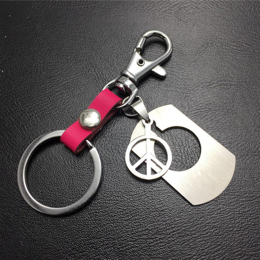 Anti-war logo double-layer titanium steel pendant stainless steel leather key chain men's waist hanging women's bag pendant