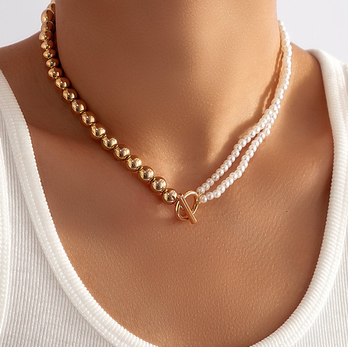 Jewelry Temperament Cold Geometric Bead Necklace Simple Imitation Pearl Beaded Stitching Necklace Female