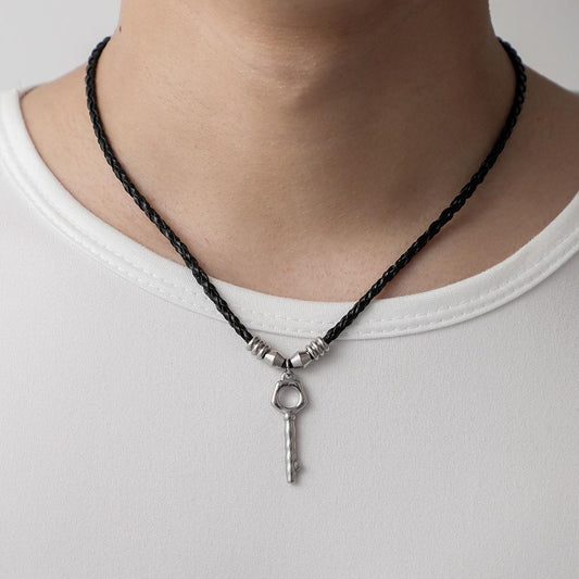 Fashion men's trend stainless steel key pendant leather rope necklace personality literary simple necklace