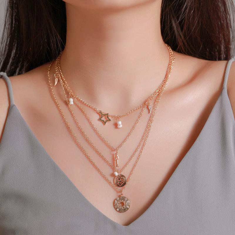 Retro Multilayer Necklace Creative Coin Love Lock Sweater Chain Metal Thick Chain Clavicle Chain Accessories