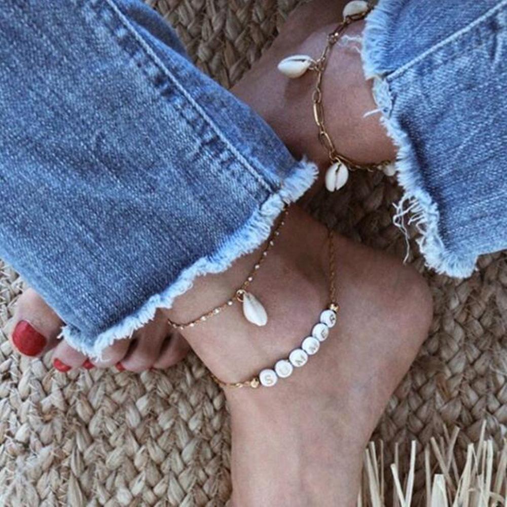 Fashion Alphabet Seashell Double Layer Anklet Beach Vacation Foot Decoration