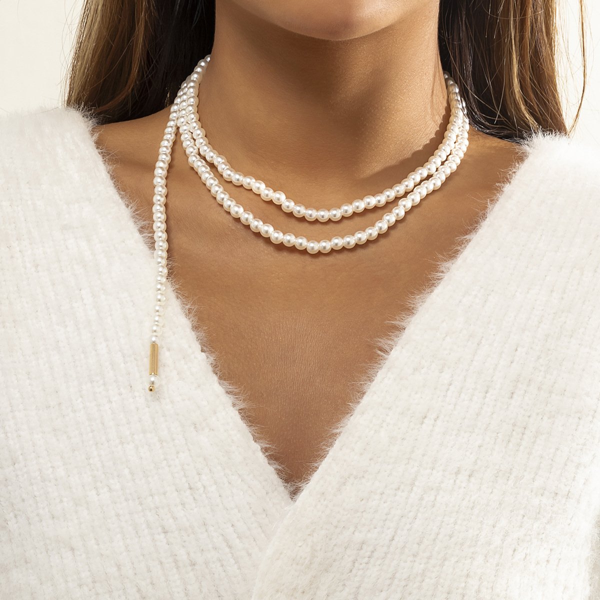 Jewelry Temperament Cold Pearl Tassel Necklace Retro Personality Geometric Beaded Clavicle Necklace