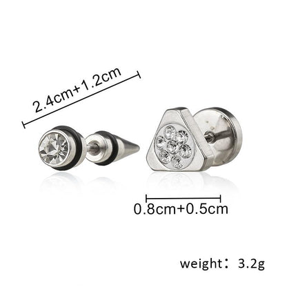 Punk personality fashion street temperament stainless steel triangle full diamond rivets asymmetric earrings men
