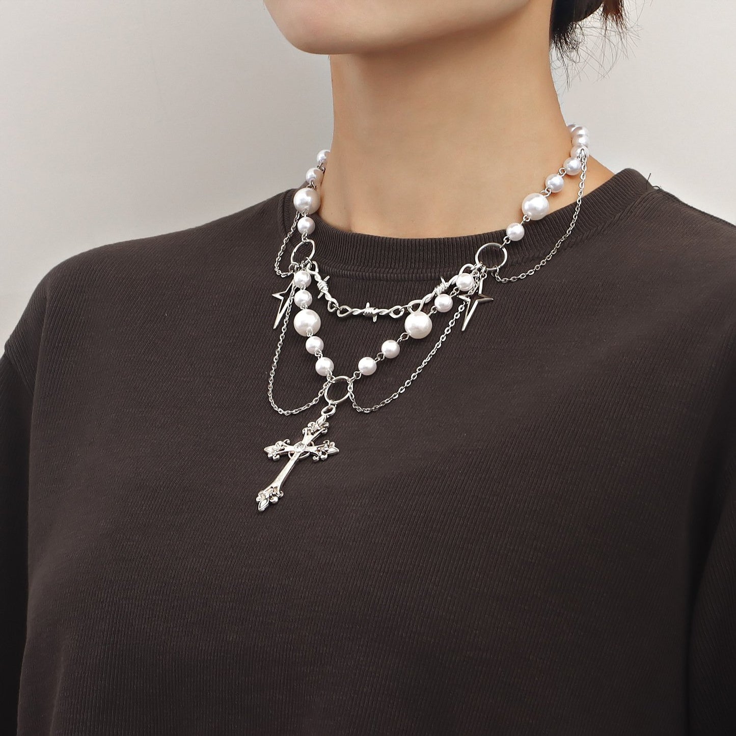 Jewelry niche design double-layer highlight pearl tassel cross star cross necklace female all-match