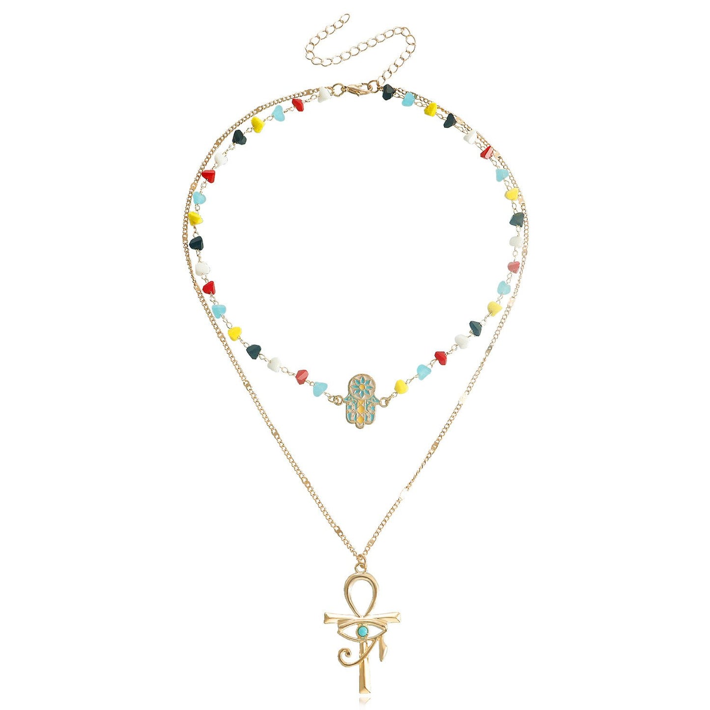 Jewelry trend double-layer color crystal stone cross necklace female niche high-end necklace light luxury