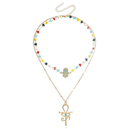 Jewelry trend double-layer color crystal stone cross necklace female niche high-end necklace light luxury
