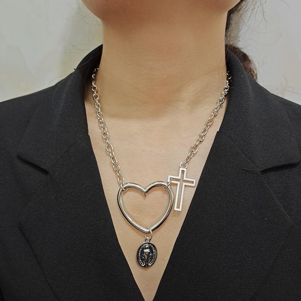 Jewelry Exaggerated Hollow Peach Heart Hollow Cross Virgin Mary Pendant Necklace Female