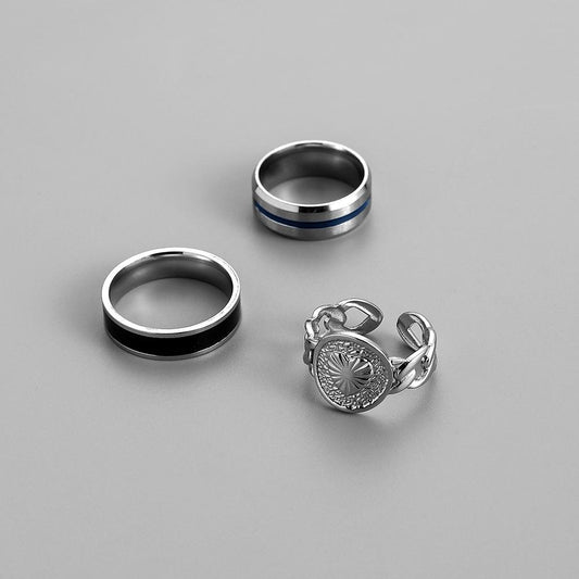 Fashion Simple Domineering Personality Trend Men's Stainless Steel Chain Stripe Black Drip Oil Ring Set Decoration