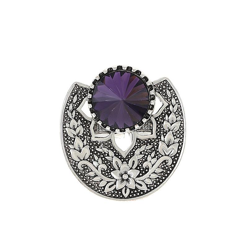 Retro purple gemstone ring Bohemian ethnic carving flower fan-shaped index finger ring ins jewelry