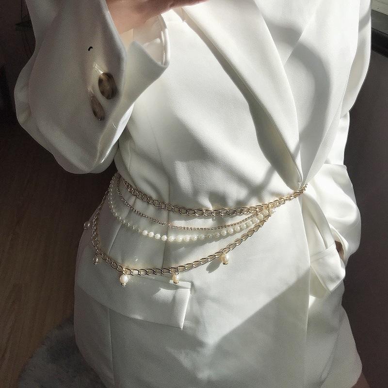 Pearl Rhinestone Layered Waist Chain Tassel Dress Decoration Chain Feminine Body Chain Metal Waist Jewelry