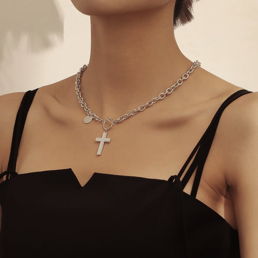 Jewelry punk exaggerated thick chain cross white mother-of-pearl pendant necklace female high-end clavicle chain
