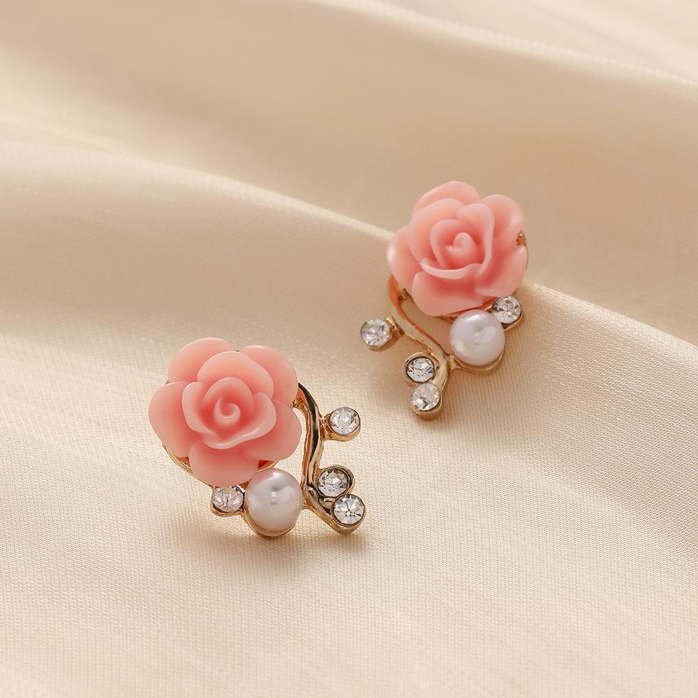 French Elegant Temperament Beautiful Women's Metal Rose Flash Diamond Pearl Branch Earrings Stud Earrings