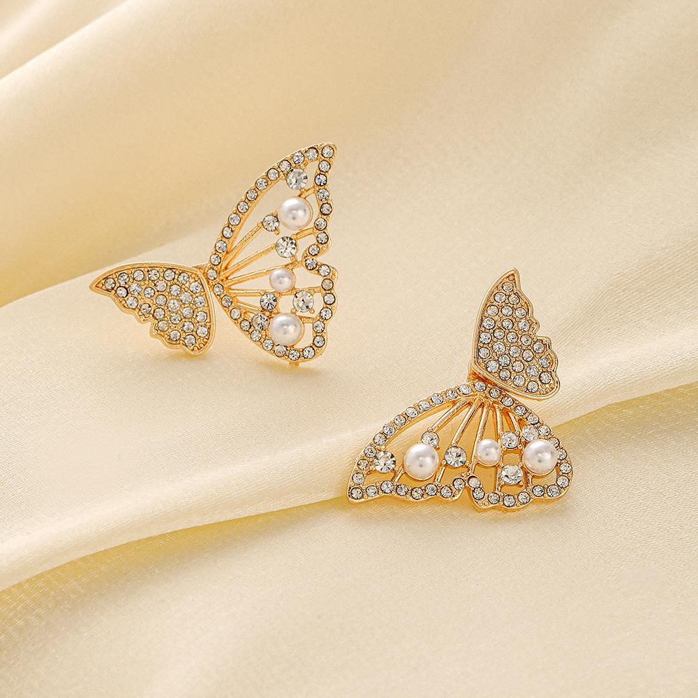 Fashion ol magazine ladies fresh and minimalist atmosphere full of diamonds pearl butterfly wing earrings