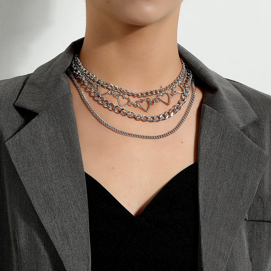 Jewelry Hip Hop Personality Geometric Set Necklace Simple Peach Heart Hollow Multilayer Chain Necklace Female