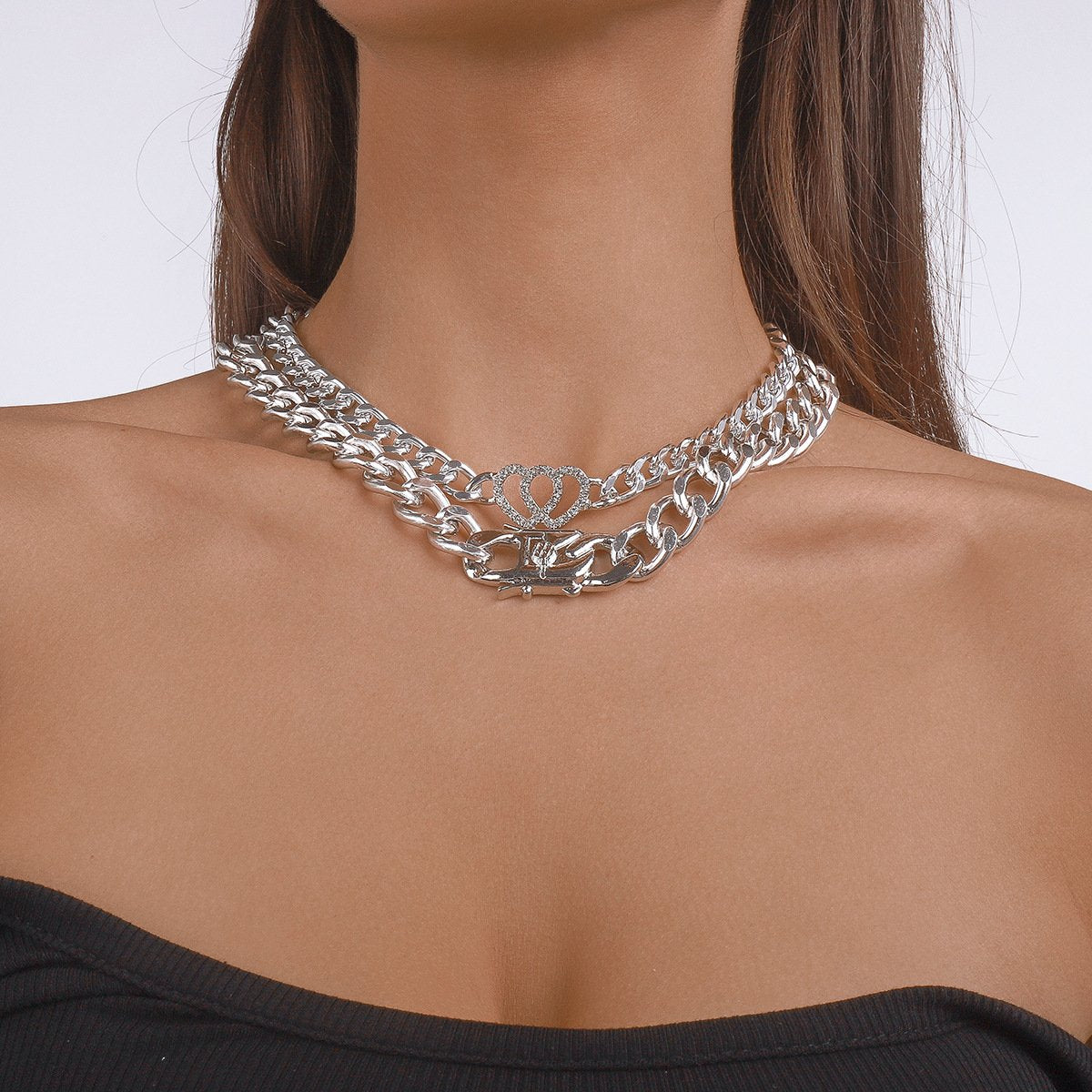 N1424 Exaggerated Thick Chain Personality Necklace Love Retro Punk Hip Hop Fashionable Double Layer Necklace