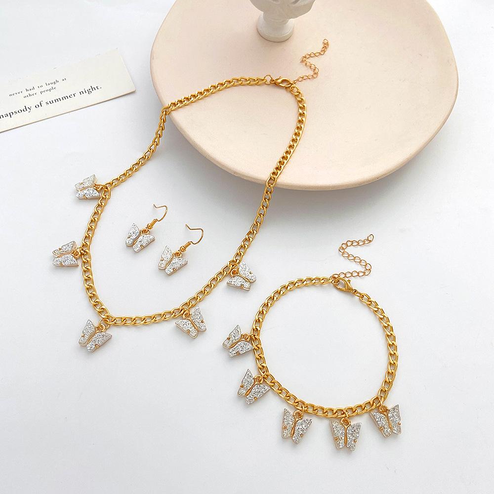 Ins Thick Chain Butterfly Necklace Set Punk Hip-Hop Butterfly Pendant Clavicle Chain Bracelet Accessories
