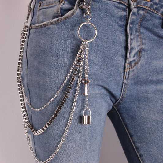 Popular Hip Hop Punk Metal Ring Pants Chain Stage Performance Waist Chain Jeans Accessories Lock Pendant Pants Chain