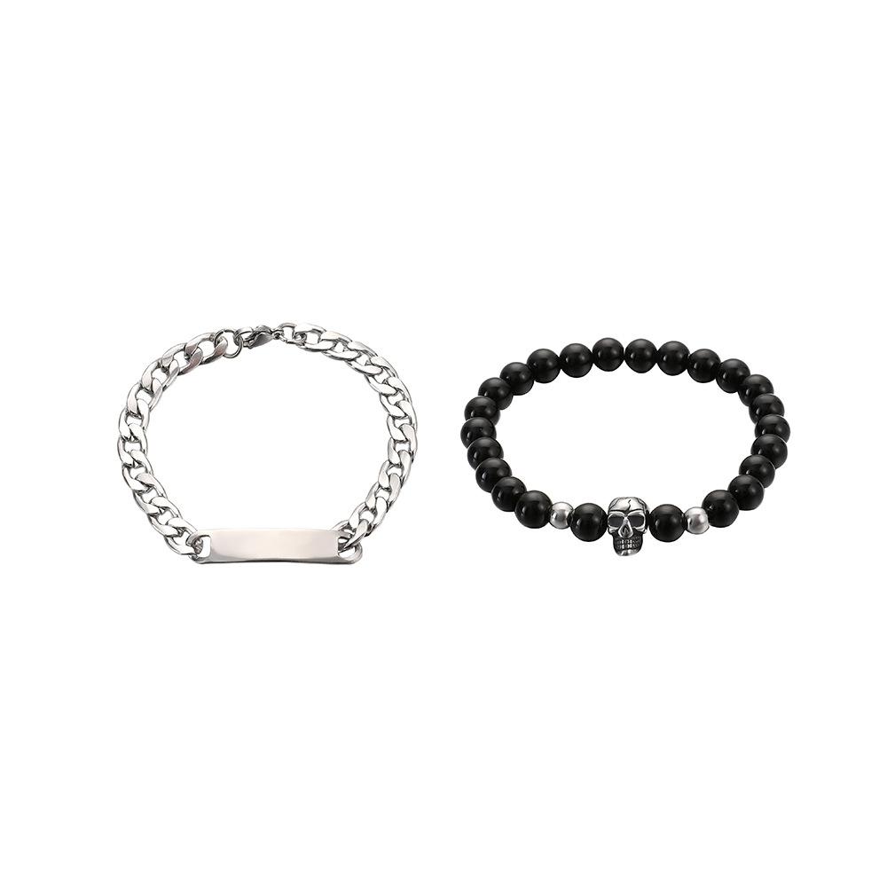 Fashion Simple Personality Domineering Niche Stainless Steel Square Brand Skull Black Bead Bracelet Set Men