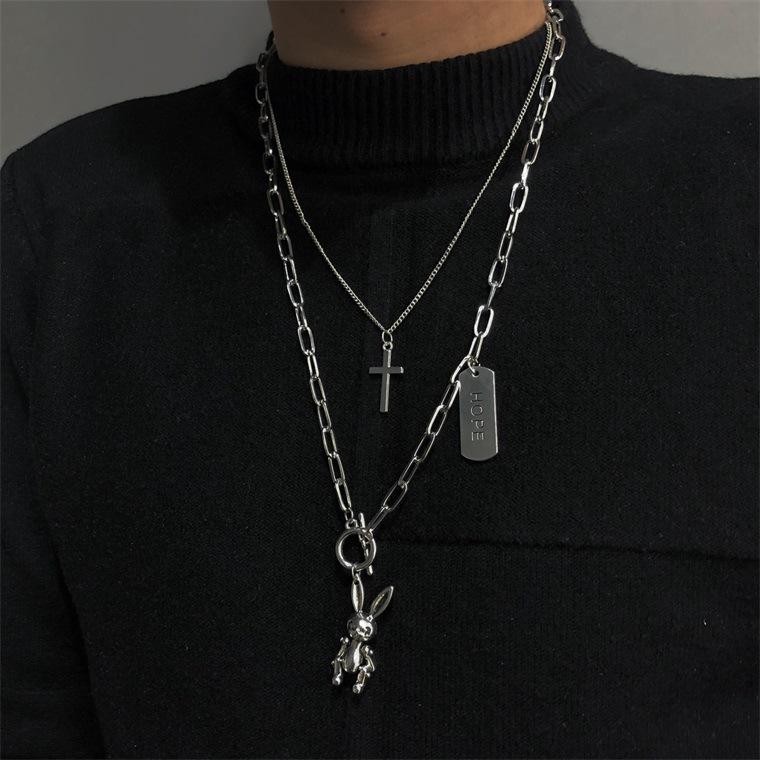 ins multi-layer hip-hop fashion cross necklace HOPE movable rabbit accessories personality pendant men and women tide