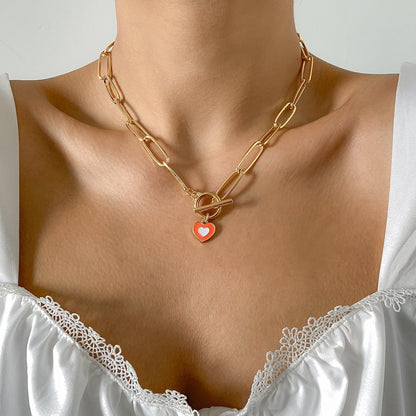 Jewelry hip-hop metal ot buckle chain collarbone necklace retro simple drop nectarine heart-shaped necklace