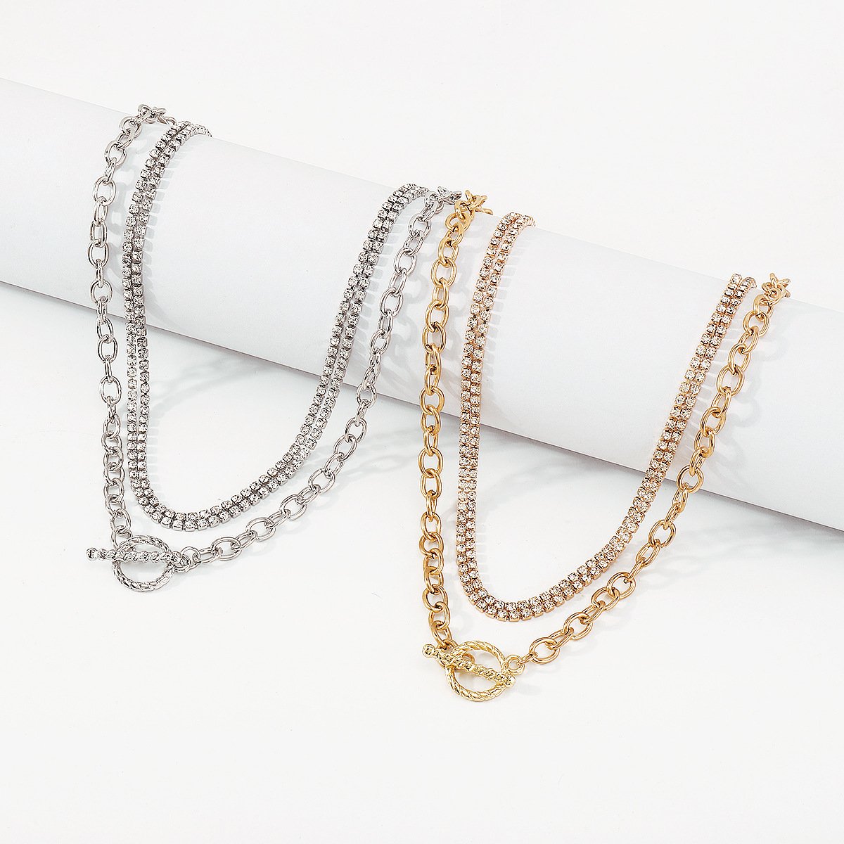 N164 Retro Mix and Match Geometric Clavicle Necklace OT Buckle Rhinestone Temperament Light Luxury Sweet Cool Stacking Necklace