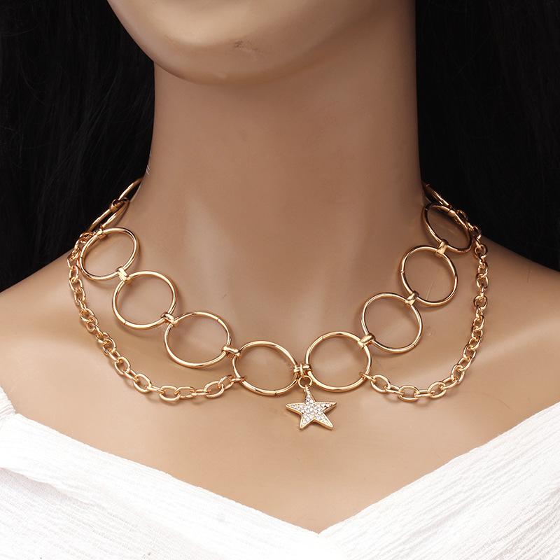 Jewelry Personality Creative Hollow Ring Chain Necklace Female Simple Diamond Pentagram Pendant Necklace