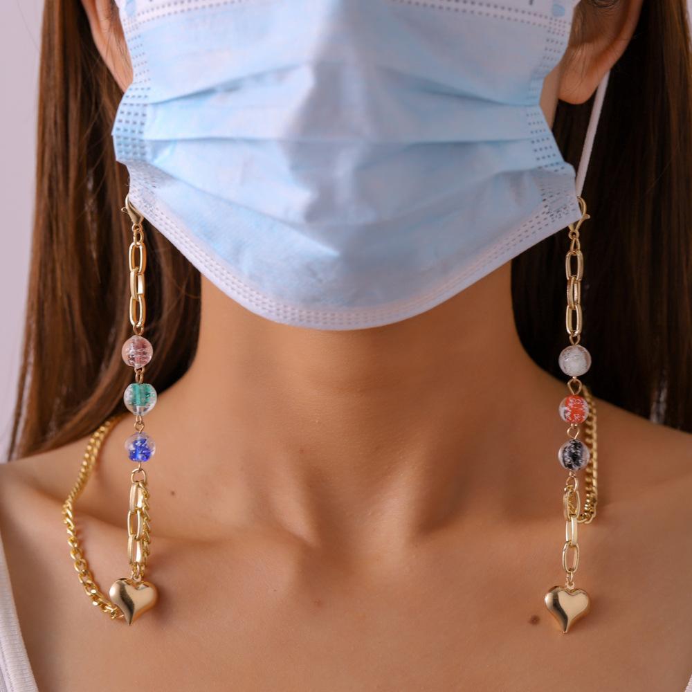 Fashion colored glaze glass beads heart-shaped mask necklace personalized colorful round beads peach heart glasses chain