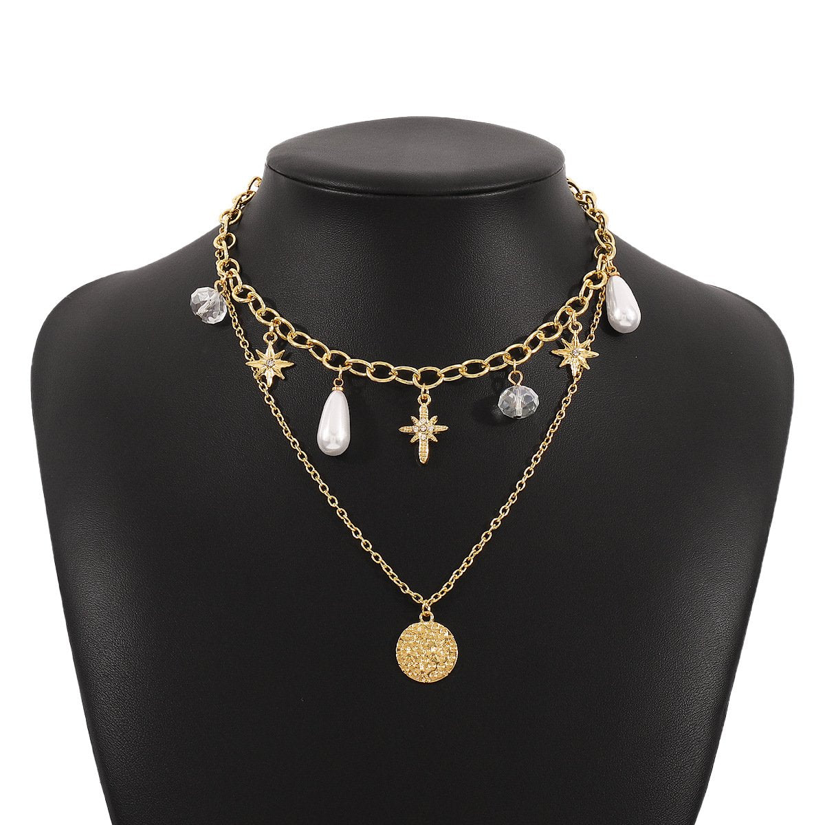 N161 Accessories Pearl Crystal Double Layer Simple Necklace Octagram Disc Temperament Necklace Female