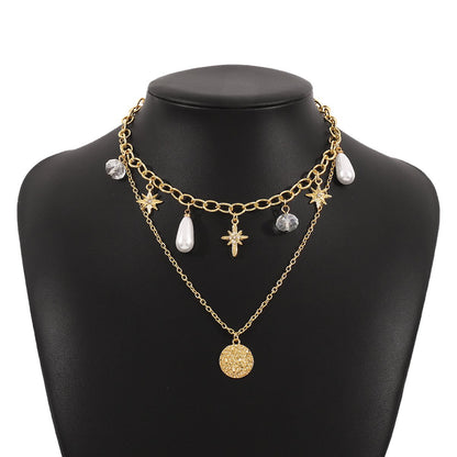 N161 Accessories Pearl Crystal Double Layer Simple Necklace Octagram Disc Temperament Necklace Female