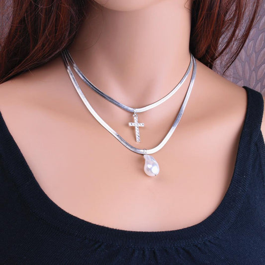 Necklace Jewelry Diamond Cross Shaped Pearl Baroque Copper Snake Chain Multilayer Necklace Clavicle Chain