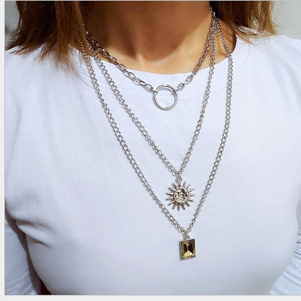 Jewelry Retro Versatile Multi-layer Peach Heart Gemstone Pendant Necklace Women's Ring Sweater Chain Three-piece Set
