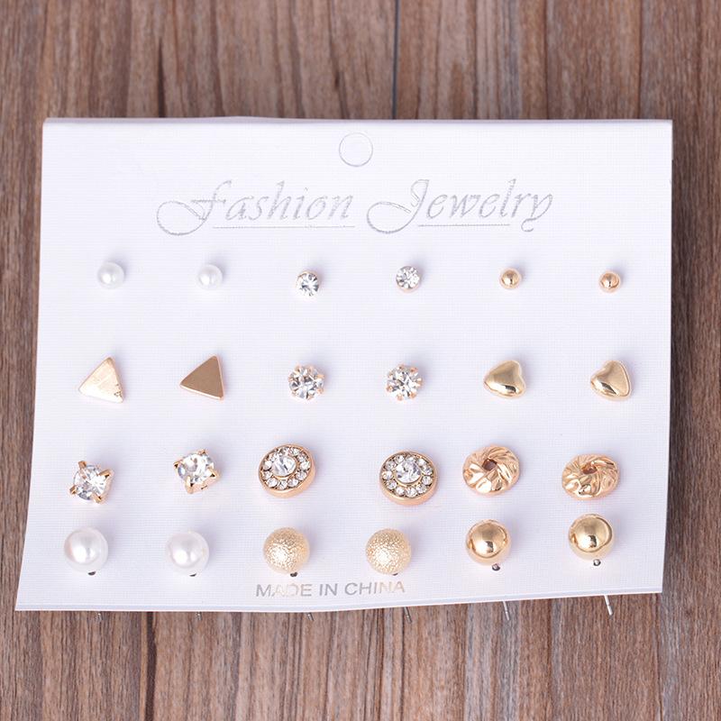 Triangular love pearl multi-pair small earring combination set popular jewelry ball earrings