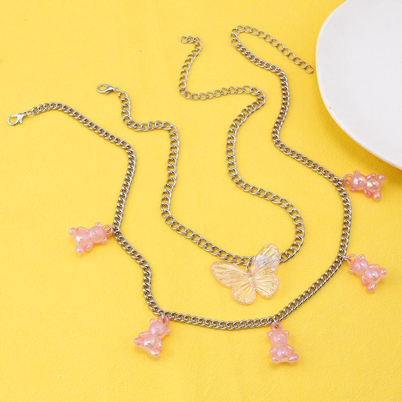 Jewelry Fashion Exaggerated Big Butterfly Clavicle Chain Female Jelly Color Cartoon Bear Pendant Necklace