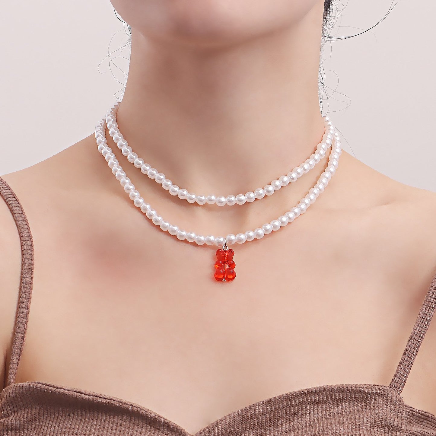 Jewelry ins double baroque imitation pearl color bear pendant necklace female choker