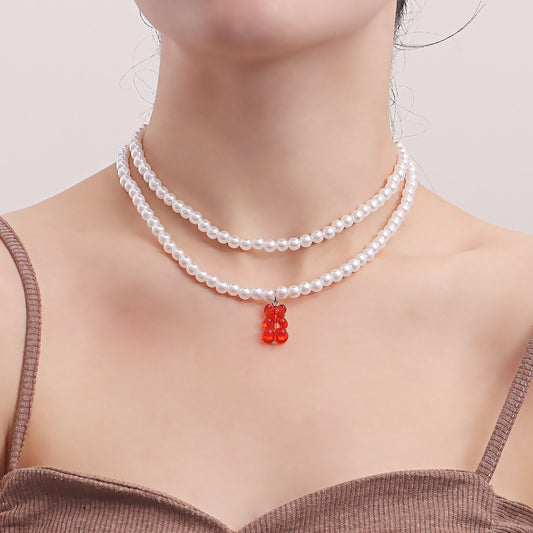 Jewelry ins double baroque imitation pearl color bear pendant necklace female choker