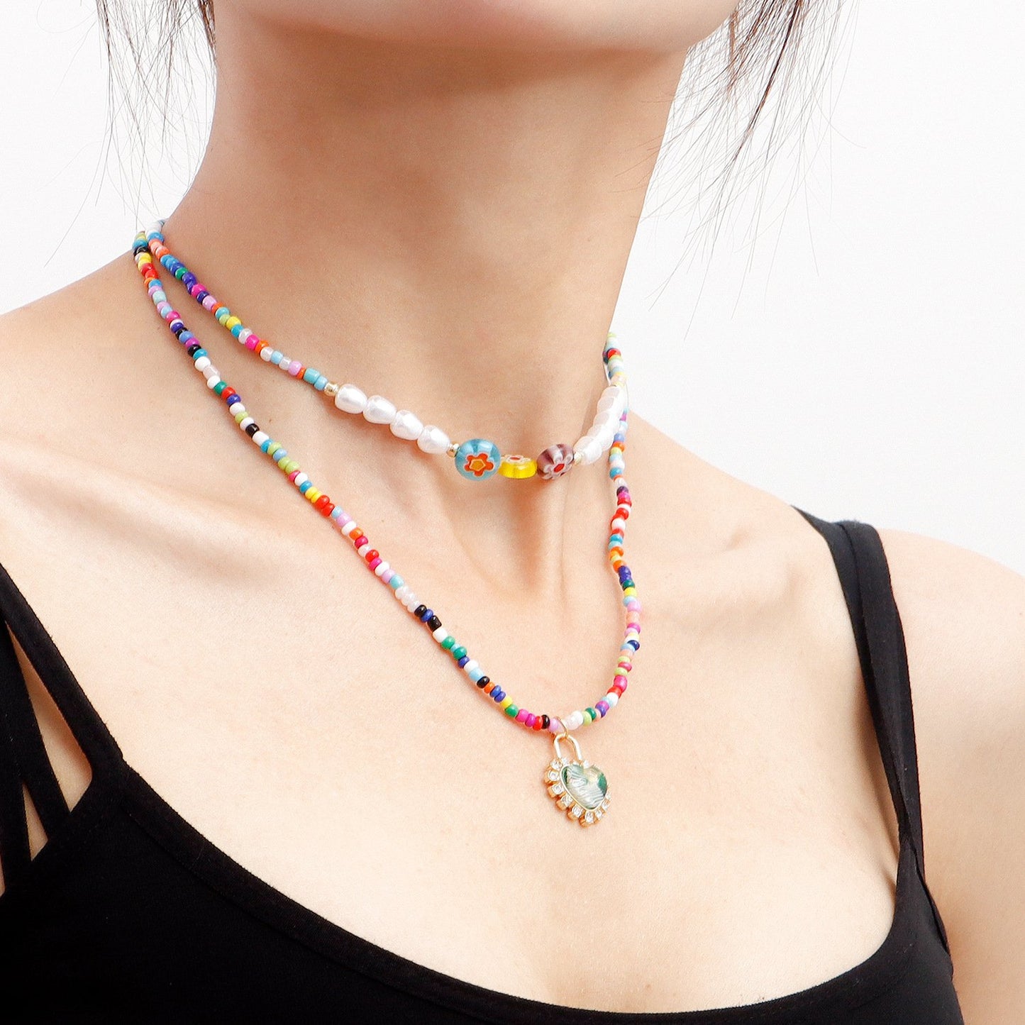 Jewelry Bohemian color rice beads glass flower love lock pendant necklace female necklace