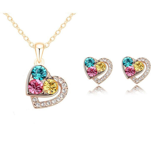 Fashion Women's Earrings Necklace Set Colorful Diamond Heart Shape Female Pendant Necklace Earrings Jewelry